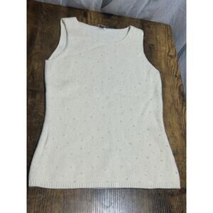 VTG Y2K ivory rhinestone beaded 100% Cashmere sleeveless sweater Tank Top Sz Xs
